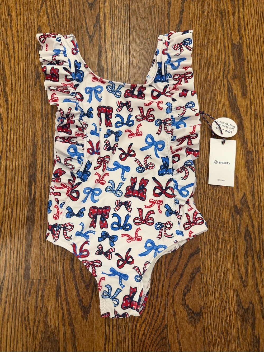 Sperry White Girls' One-Piece Swimsuit with Red & Blue Bow Print